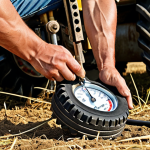 **

A farmer checking the tire pressure on a large agricultural tractor in a sunny field. He's using a tire pressure gauge. Focus on the tire and the farmer's hands. Add details like dirt and some wear and tear to show the equipment is used.

**