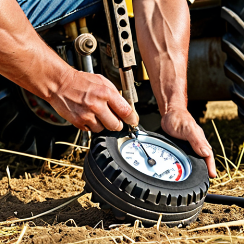 Home 11 **
A farmer checking the tire pressure on a large agricultural tractor in a sunny field. He's using a tire pressure gauge. Focus on the tire and the farmer's hands. Add details like dirt and some wear and tear to show the equipment is used.
**