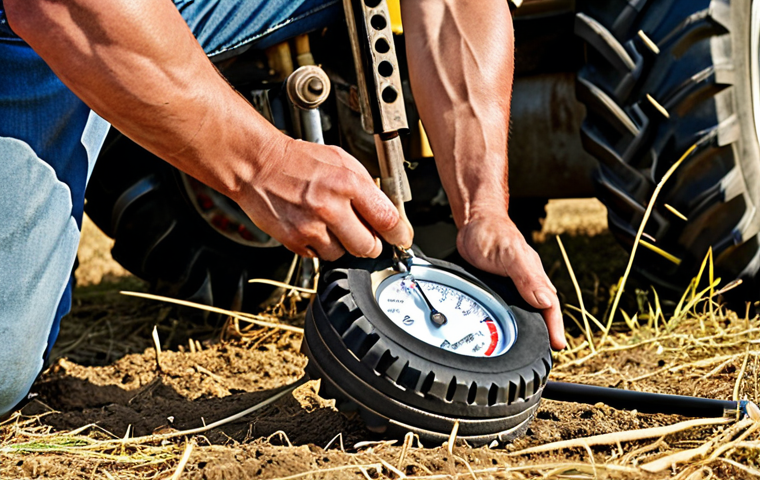 **
A farmer checking the tire pressure on a large agricultural tractor in a sunny field. He's using a tire pressure gauge. Focus on the tire and the farmer's hands. Add details like dirt and some wear and tear to show the equipment is used.
**