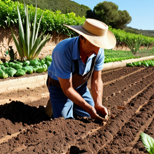 Home 6 **
`Lush vegetable garden, healthy soil, close-up soil analysis, thriving plants, vibrant colors, sunny day, farmer inspecting soil, organic agriculture, Spanish countryside.`
**