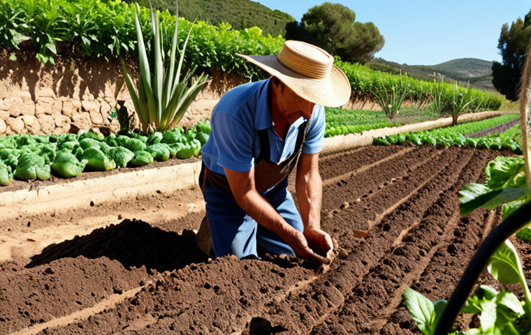 **
`Lush vegetable garden, healthy soil, close-up soil analysis, thriving plants, vibrant colors, sunny day, farmer inspecting soil, organic agriculture, Spanish countryside.`
**
