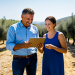 Andalusian Olive Grove Innovation**

A small family-run olive grove in Andalusia, Spain. Drones are visible in the sky, monitoring the olive trees. A farmer and his daughter are examining data on a tablet, smiling. The scene is bathed in warm Mediterranean sunlight. Fully clothed, appropriate attire. Safe for work, professional, family-friendly. Perfect anatomy, correct proportions, natural pose, well-formed hands, proper finger count, natural body proportions. High quality, professional photography.

**