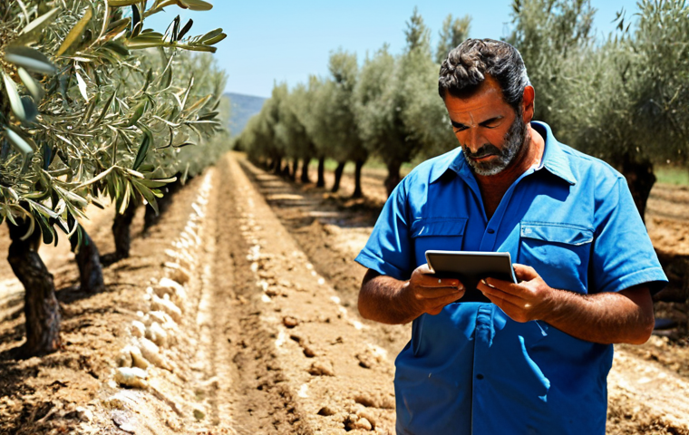 Precision Agriculture in Andalusia**

A Spanish farmer, fully clothed in appropriate work attire, using a tablet to monitor soil moisture sensors in an olive grove in Andalusia. The landscape is sun-drenched and rolling. Safe for work, professional agricultural technology, perfect anatomy, correct proportions, natural pose, modest clothing, appropriate content.

**
