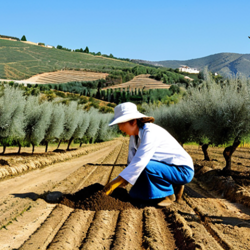 Home 14 Sustainable Agriculture**
"A professional female agronomist in a field of olive trees in Andalusia, Spain, examining the soil. She is fully clothed in practical, modest work attire. The background shows rolling hills and a clear blue sky. Safe for work, appropriate content, perfect anatomy, natural pose, professional, family-friendly, high quality photograph, demonstrating sustainable farming practices."
**