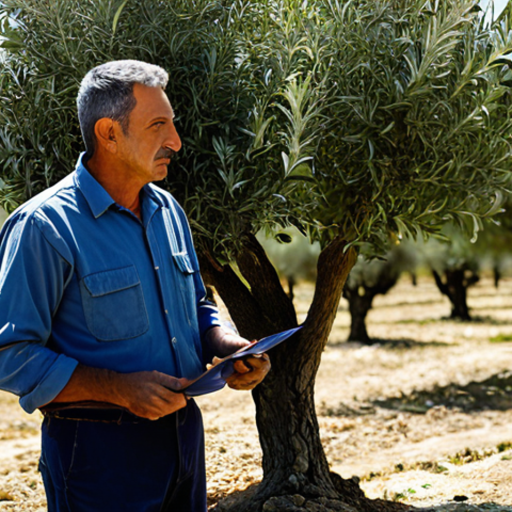 Modern Olive Grove Management**

"A professional agronomist, fully clothed in work attire, inspecting olive trees in a sun-drenched Andalusian grove. Rolling hills in the background, irrigation system visible. Safe for work, appropriate content, professional setting, perfect anatomy, well-formed hands, natural light, high-resolution."

**