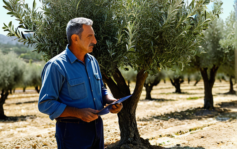 Modern Olive Grove Management**

"A professional agronomist, fully clothed in work attire, inspecting olive trees in a sun-drenched Andalusian grove. Rolling hills in the background, irrigation system visible. Safe for work, appropriate content, professional setting, perfect anatomy, well-formed hands, natural light, high-resolution."

**