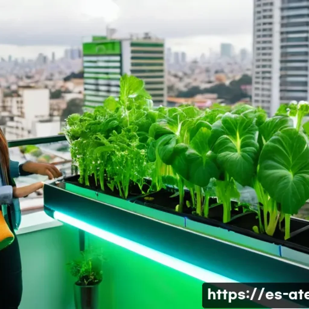 농업기술과 도시 농업의 가능성 - A modern urban balcony garden showcasing a compact hydroponic system with lush green leafy vegetable...