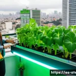 농업기술과 도시 농업의 가능성 - A modern urban balcony garden showcasing a compact hydroponic system with lush green leafy vegetable...
