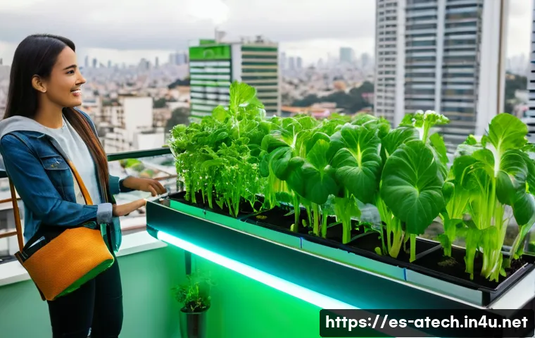 농업기술과 도시 농업의 가능성 - A modern urban balcony garden showcasing a compact hydroponic system with lush green leafy vegetable...