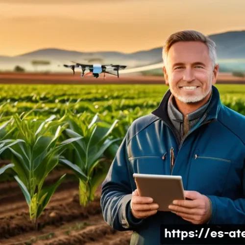 농업기술 전문가 연봉 협상 전략 - A modern agricultural technology expert standing confidently in a vibrant Spanish farmland during go...