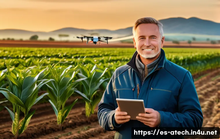 농업기술 전문가 연봉 협상 전략 - A modern agricultural technology expert standing confidently in a vibrant Spanish farmland during go...