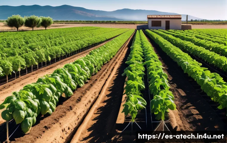 농업기술과 원예 기술 실무 - A modern agricultural field in rural Spain showcasing a sophisticated drip irrigation system install...