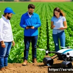 농업기술자 교육 프로그램 리뷰 - A modern agricultural training scene set in a sunny Spanish countryside field, featuring a diverse g...