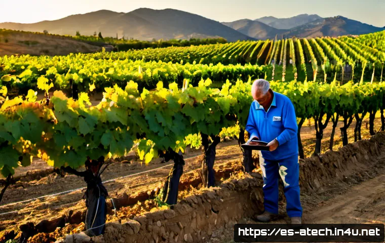 농업기술과 ICT 융합 사례 - Photorealistic smart vineyard in rural Spain at golden morning light, an elderly Spanish farmer in p...