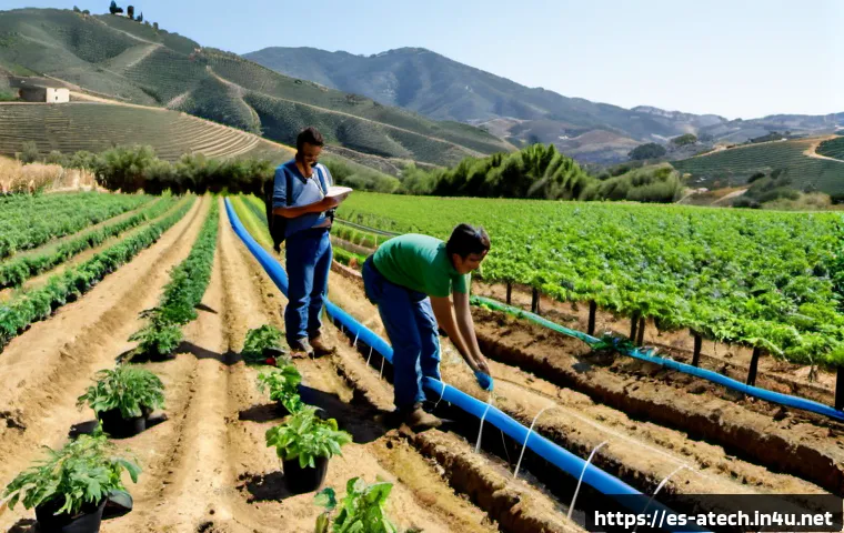Home 17 농업기술과 수자원 관리 실습 - Photorealistic agricultural water management training on a sunny Spanish farm, two adult students in...