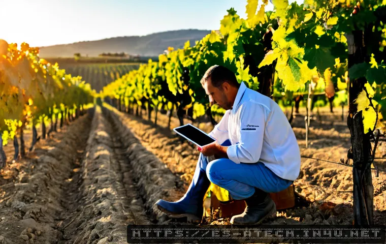 Home 17 농업기술 직업의 장단점 - Photorealistic agricultural technology specialist in a sunlit Spanish vineyard, wearing practical wo...